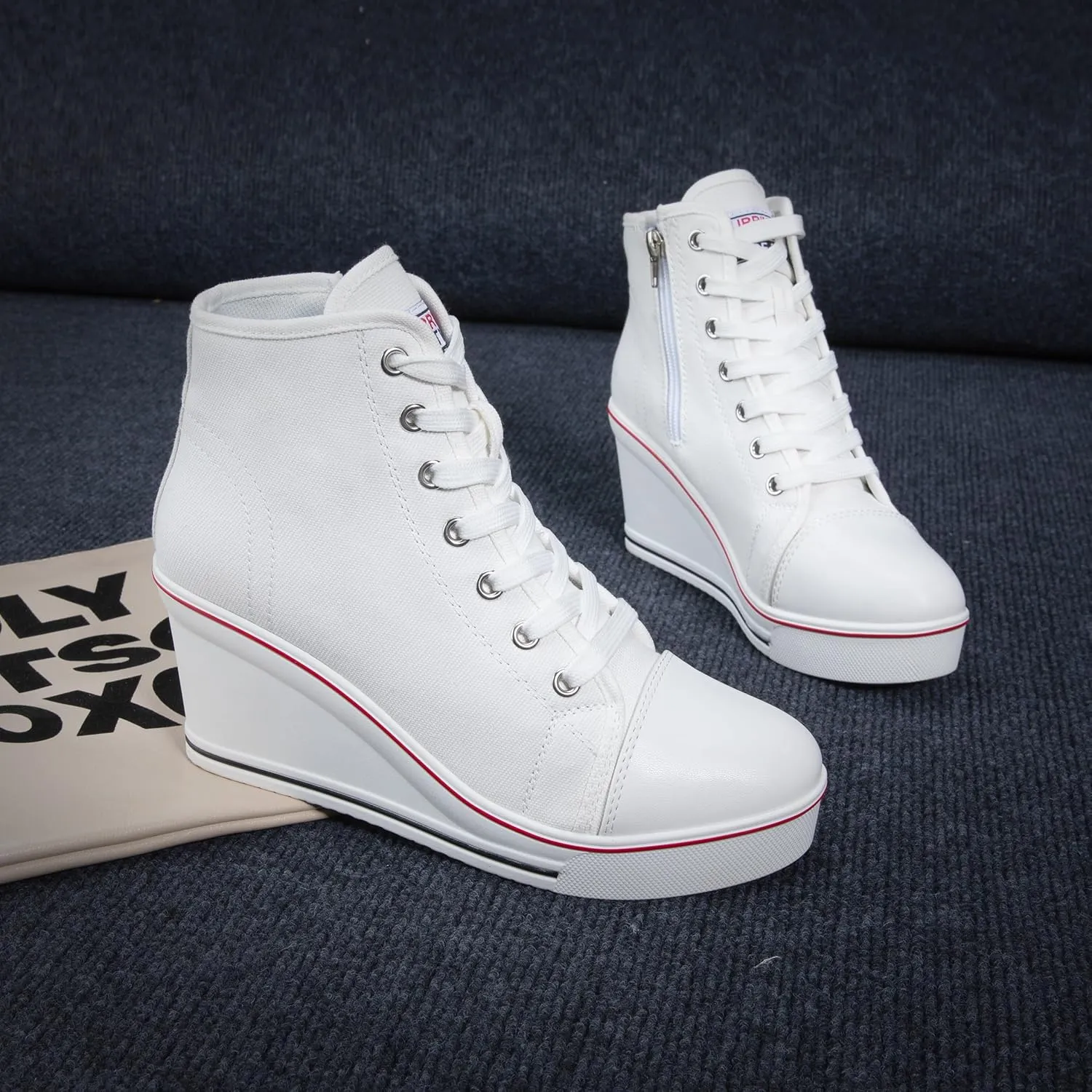 Wedge Sneakers for Women, High Heel Platform High Top Canvas Shoes Lace up Zipper Fashion Sneakers, Tenis Zapatos de Cuña Plataforma Tacón para Mujer, Suitbale for Y2K & Harley Quinn Cosplay