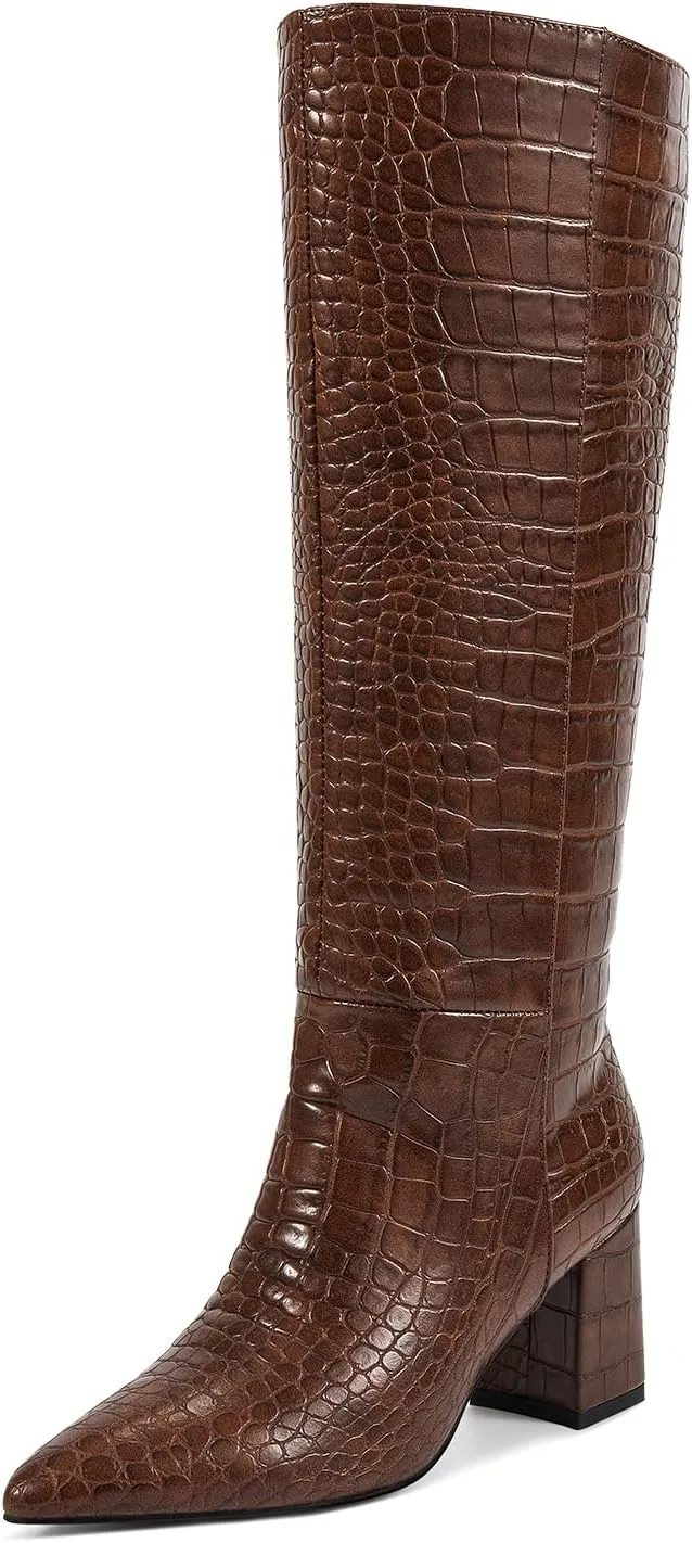 wetkiss Knee High Boots Women Chunky Heel Faux Crocodile Boots Pointed Toe Tall Pull-On Fall Long Boot
