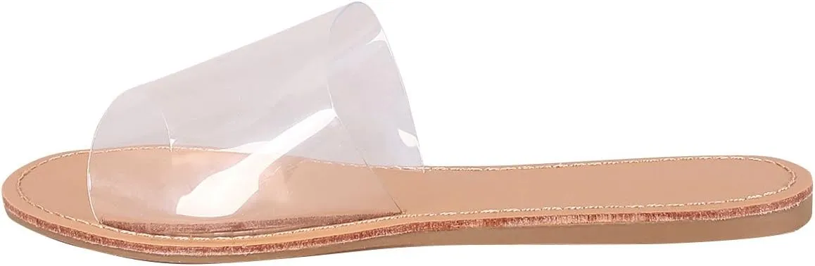 Wild Diva Womens Open Toe Transparent Clear Wide Band Slides Flat Sandal Shoe Flip Flop