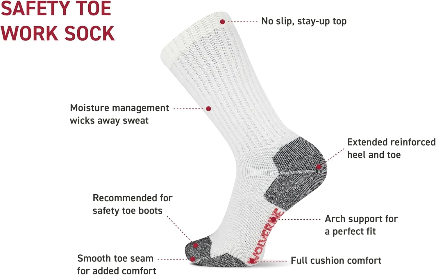 Wolverine Men's Safety Toe Work Boot Crew Socks with Durable Cushioning (2 Pairs)