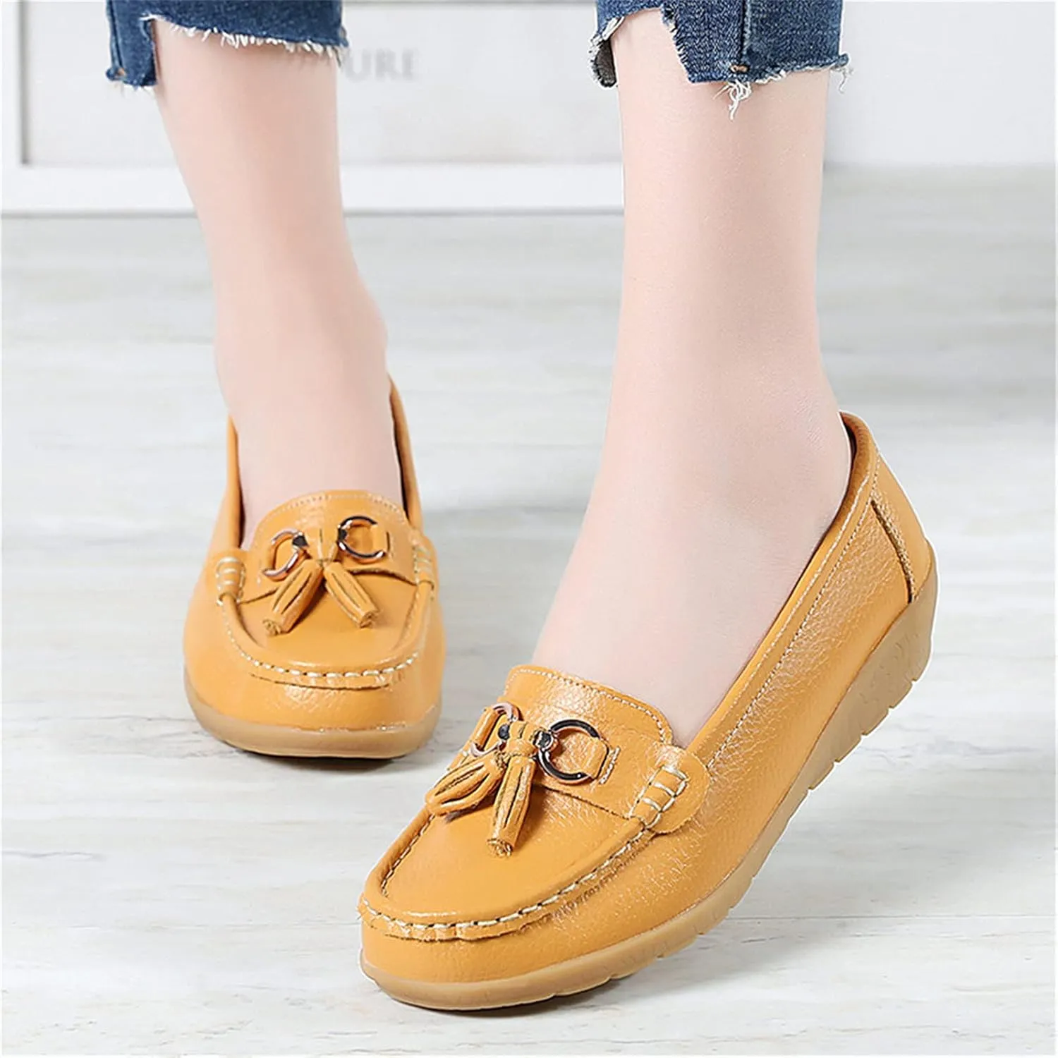 Women Loafers Leather Rubber Sole Slip On Walking Flats Casual Moccasin Boat Shoes