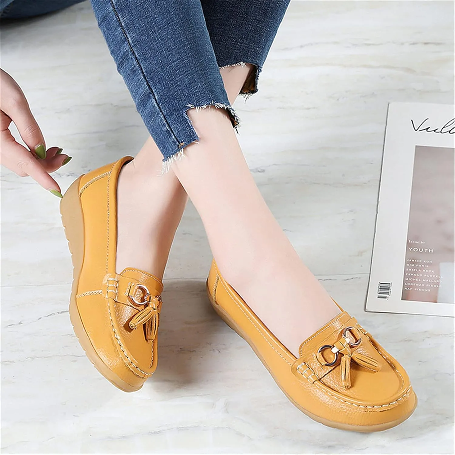 Women Loafers Leather Rubber Sole Slip On Walking Flats Casual Moccasin Boat Shoes