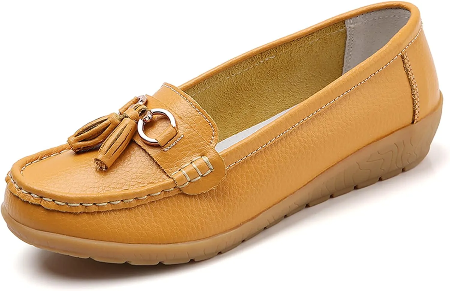Women Loafers Leather Rubber Sole Slip On Walking Flats Casual Moccasin Boat Shoes