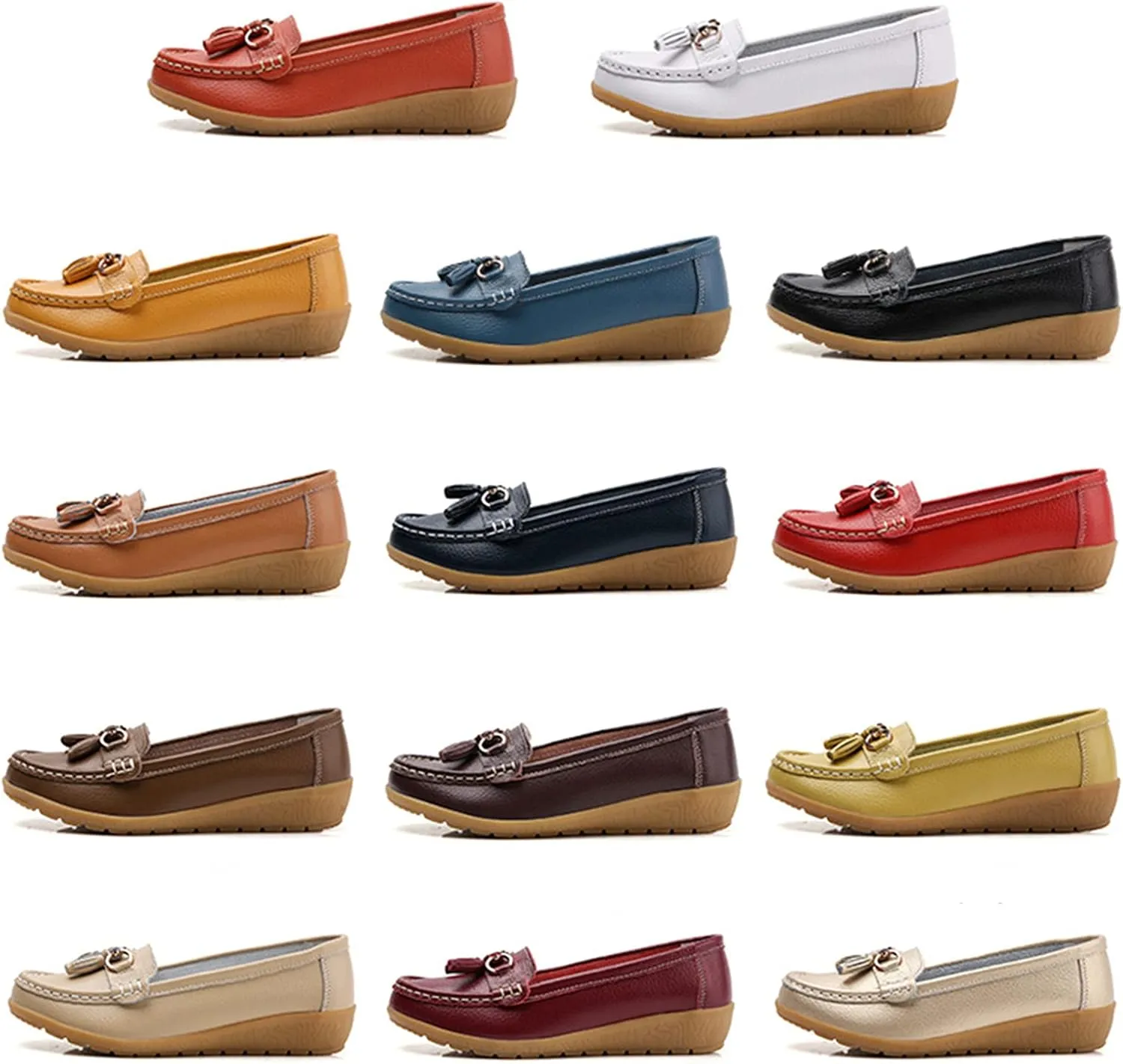 Women Loafers Leather Rubber Sole Slip On Walking Flats Casual Moccasin Boat Shoes