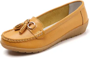 Women Loafers Leather Rubber Sole Slip On Walking Flats Casual Moccasin Boat Shoes