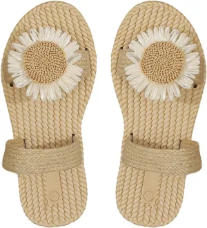 Women's Boho Floral Straw Sandals Open Toe Double Strap Summer Vacation Beach Flat Sandals