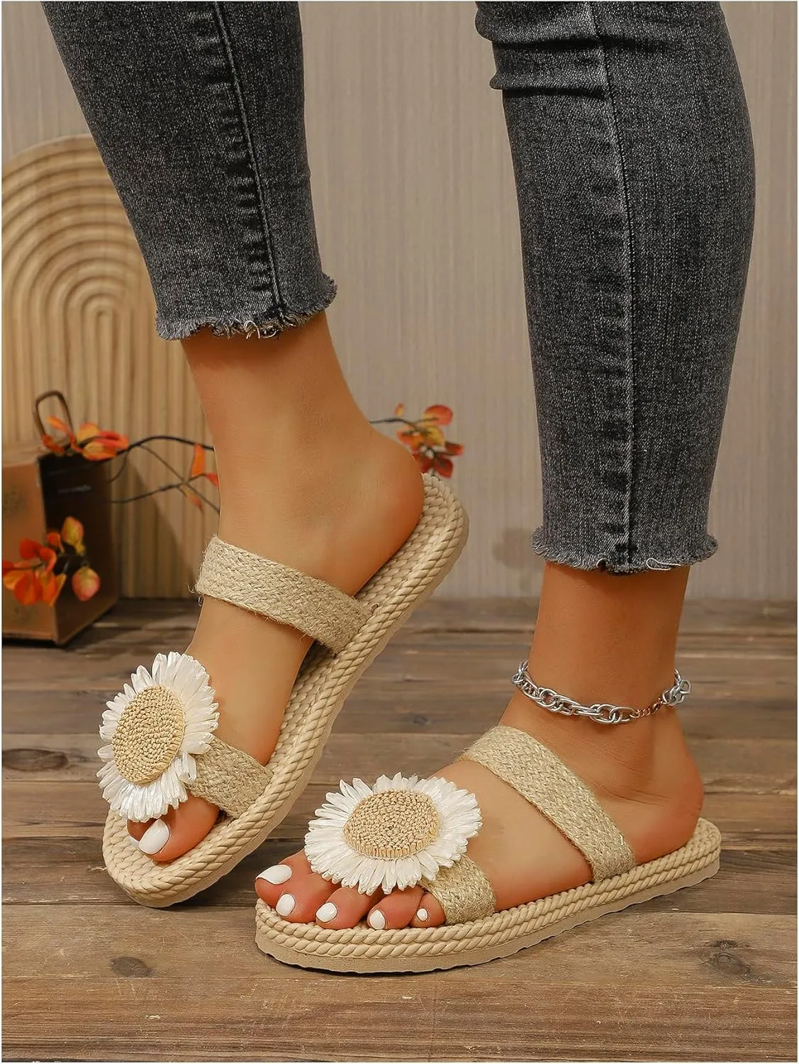 Women's Boho Floral Straw Sandals Open Toe Double Strap Summer Vacation Beach Flat Sandals