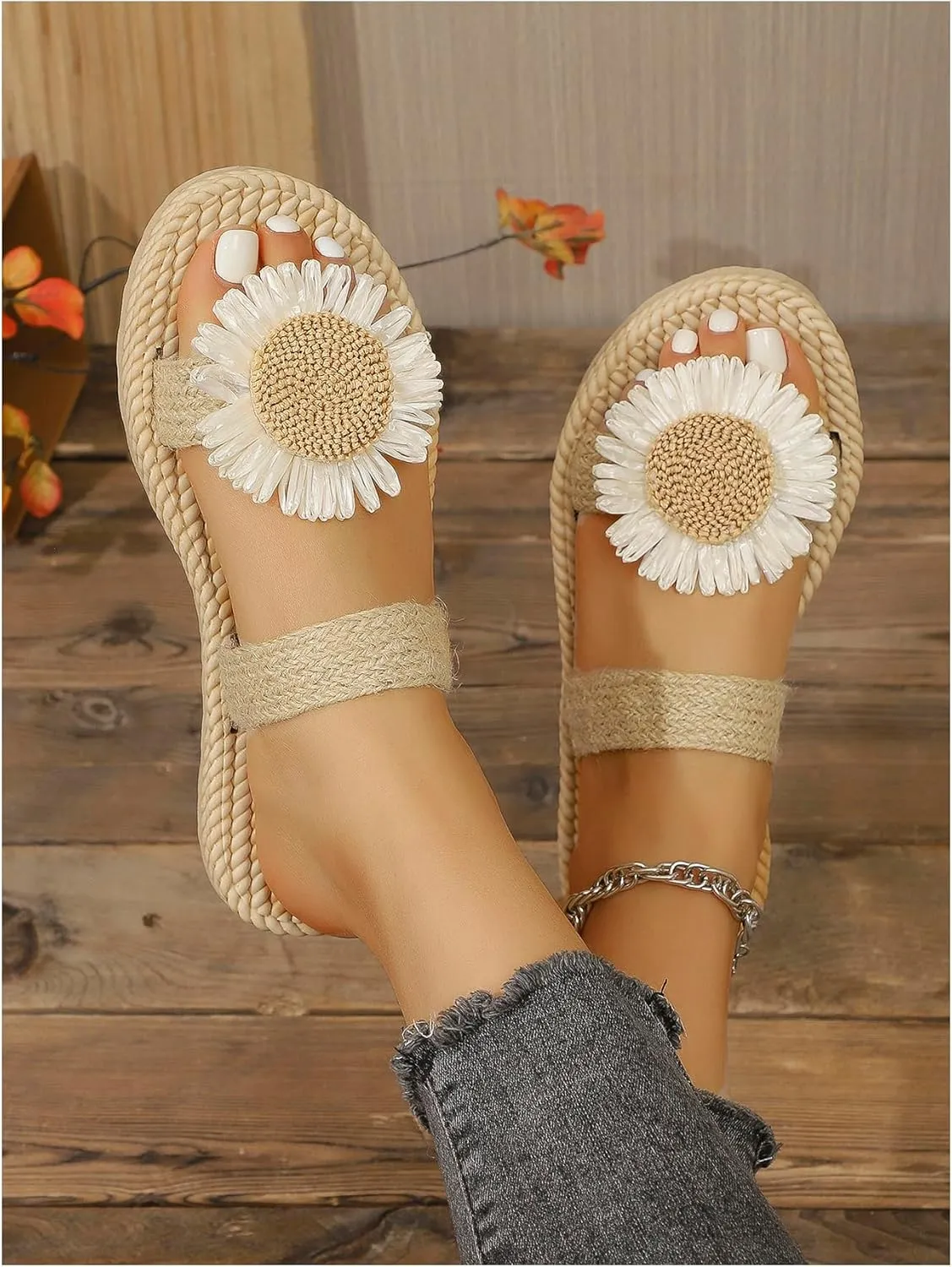 Women's Boho Floral Straw Sandals Open Toe Double Strap Summer Vacation Beach Flat Sandals