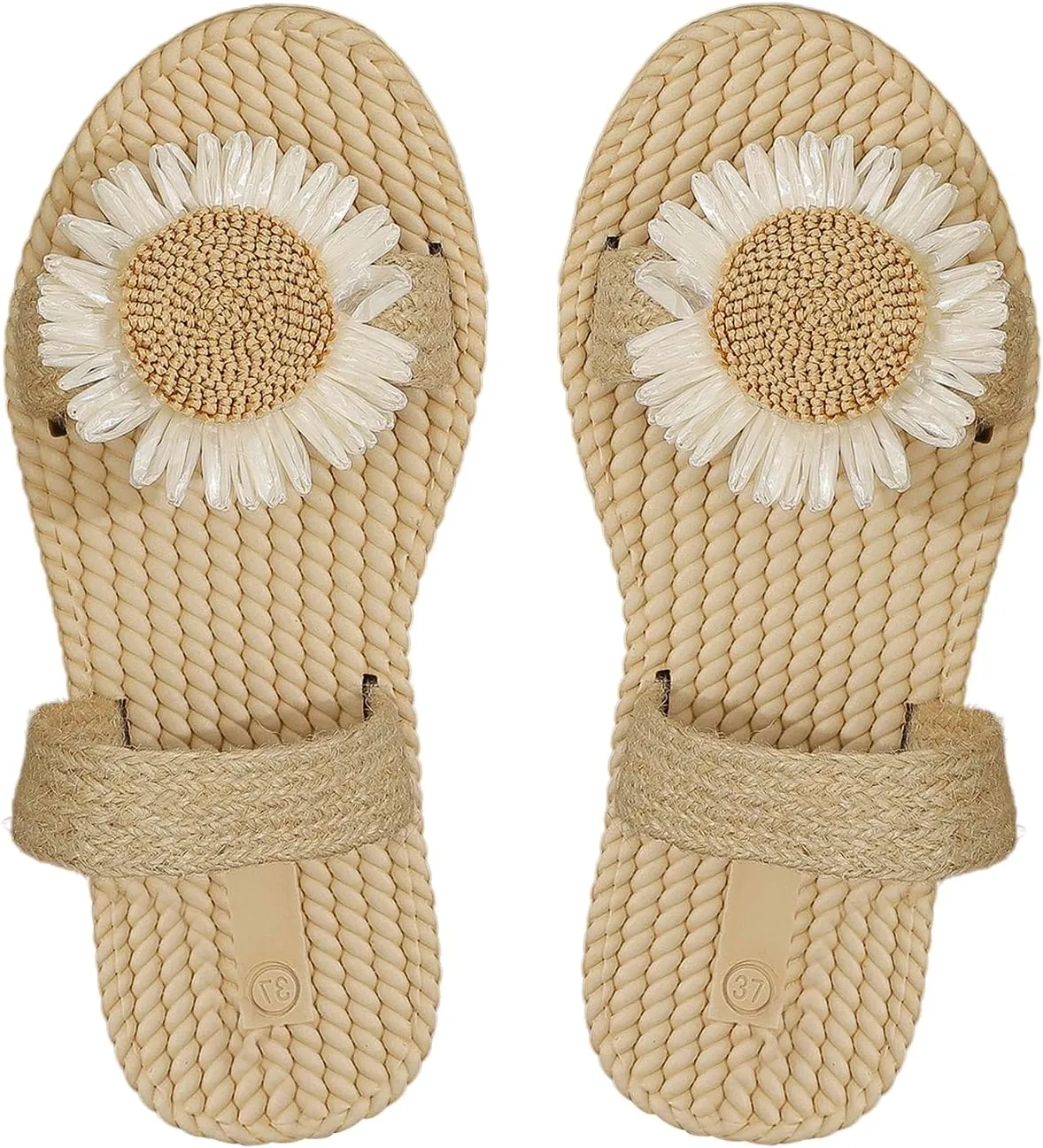 Women's Boho Floral Straw Sandals Open Toe Double Strap Summer Vacation Beach Flat Sandals