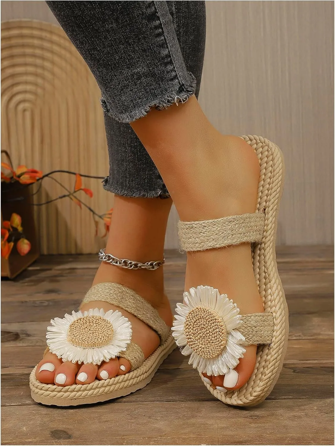 Women's Boho Floral Straw Sandals Open Toe Double Strap Summer Vacation Beach Flat Sandals