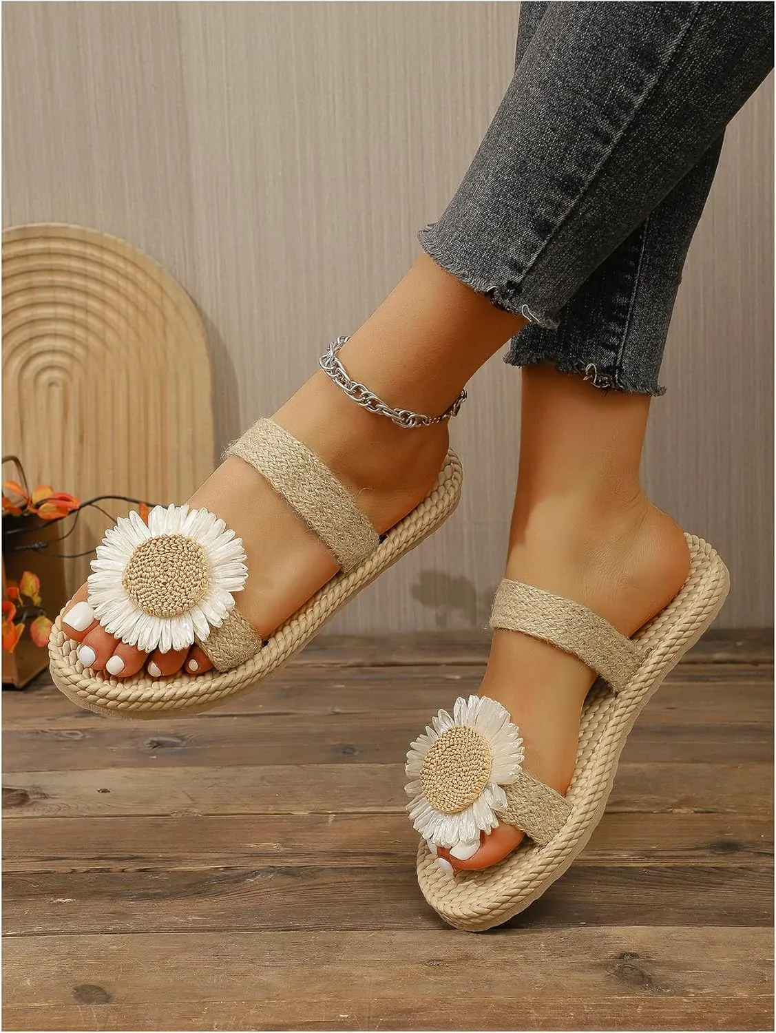 Women's Boho Floral Straw Sandals Open Toe Double Strap Summer Vacation Beach Flat Sandals