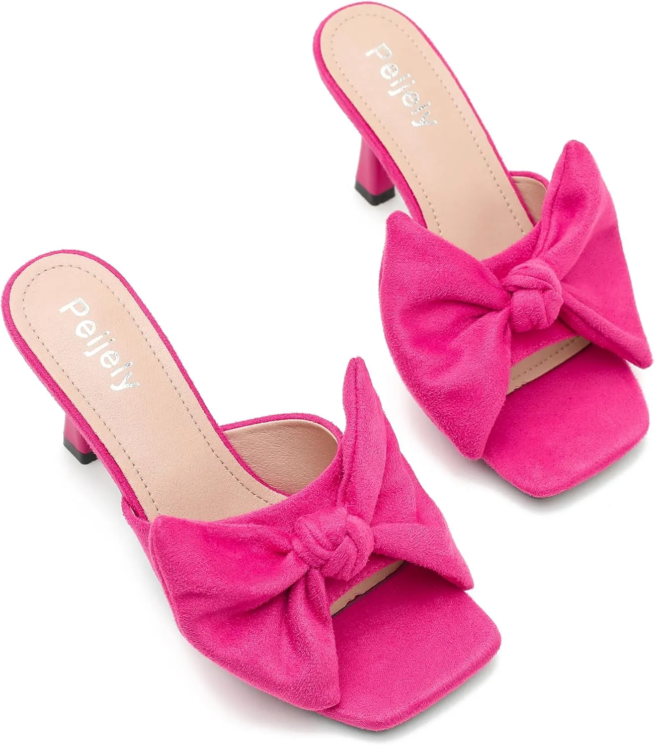 Women's Bow Sandal Mid High Kitten Heel Slip on Square Toe Mule Heels