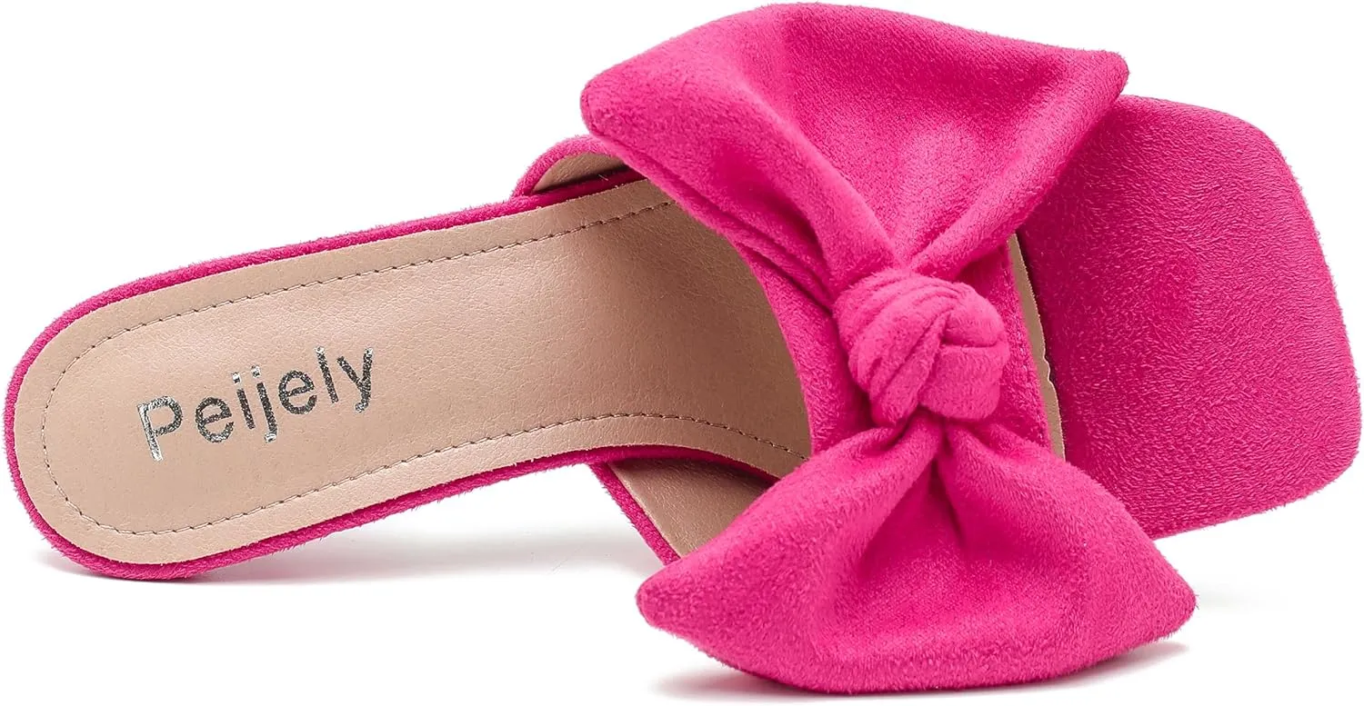 Women's Bow Sandal Mid High Kitten Heel Slip on Square Toe Mule Heels