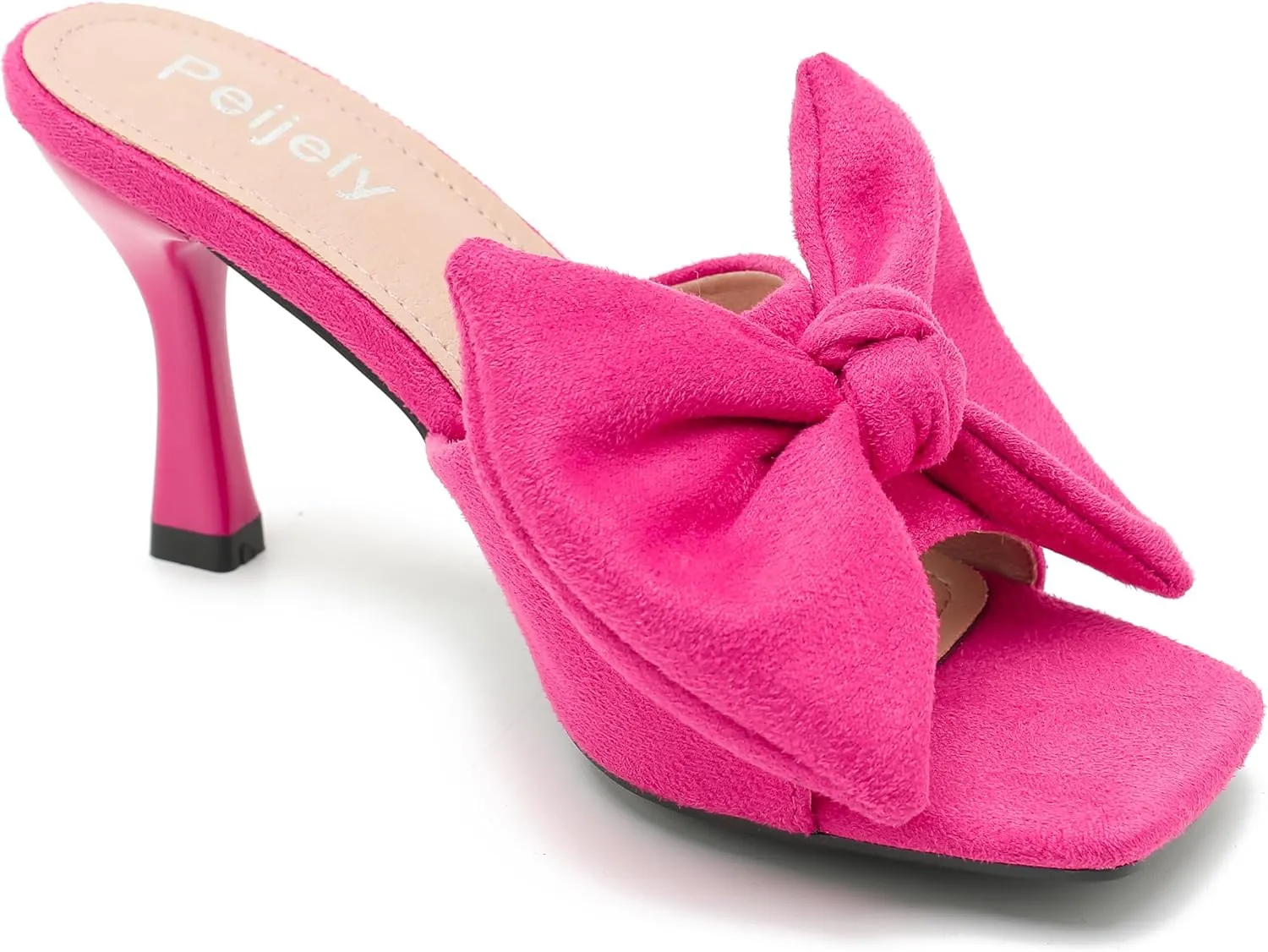 Women's Bow Sandal Mid High Kitten Heel Slip on Square Toe Mule Heels