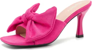 Women's Bow Sandal Mid High Kitten Heel Slip on Square Toe Mule Heels