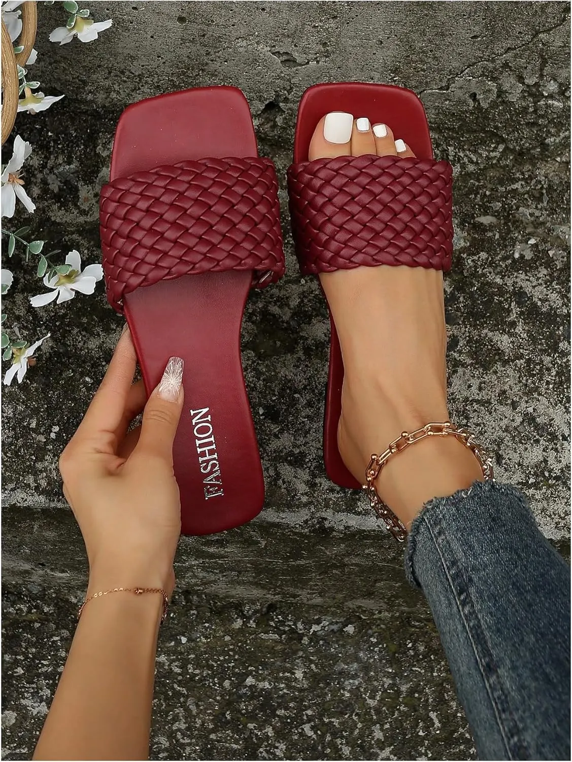 Women's Braided Flat Sandals Woven Square Open Toe Slip on Beach Slide Sandals