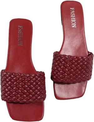 Women's Braided Flat Sandals Woven Square Open Toe Slip on Beach Slide Sandals