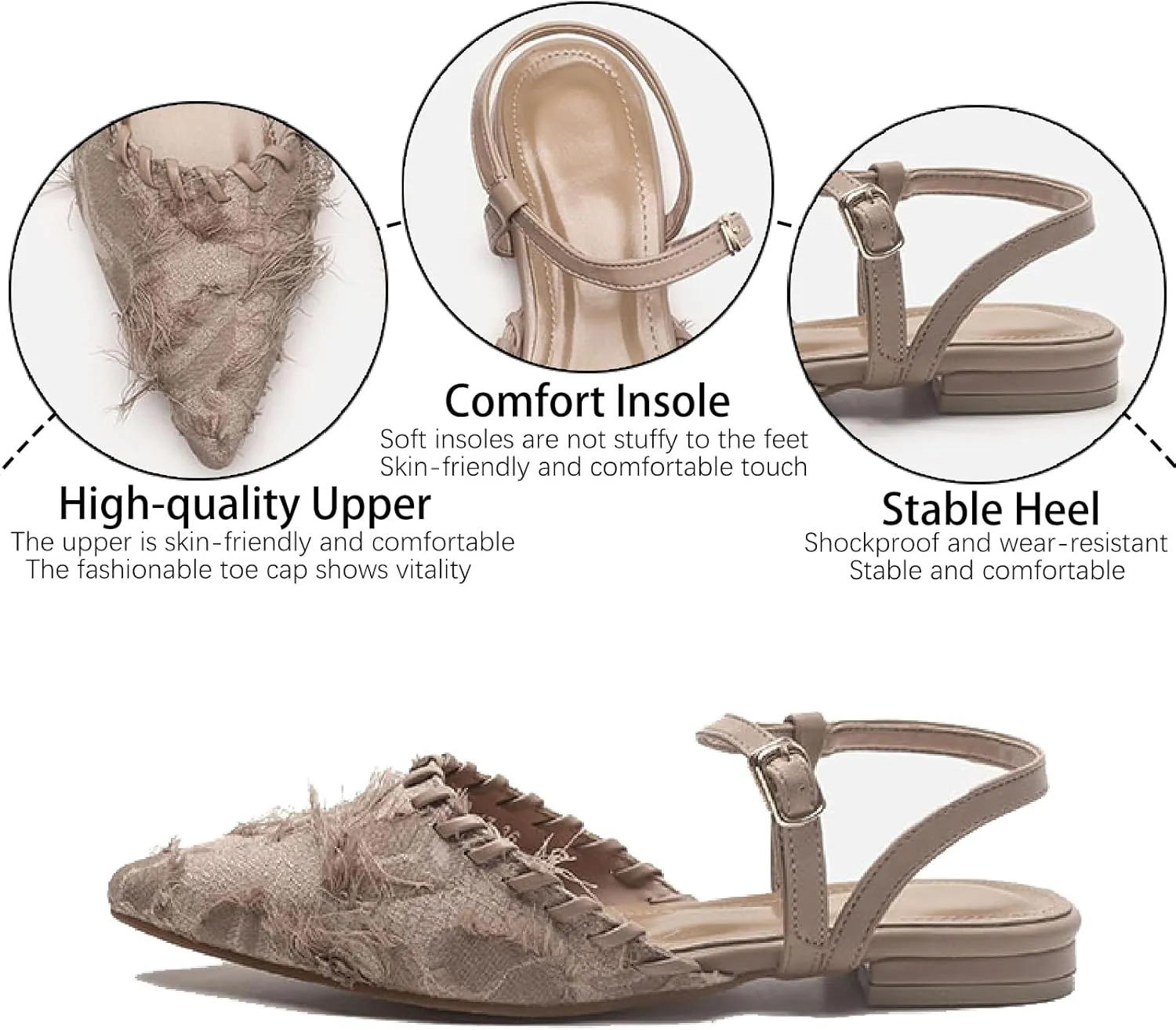 Women's Canvas Tassel Closed Pointed Toe Slingback Flats with Adjust Ankle Strap Fashion Weave Comfort Low Heel Mule Sandals for Wedding Party Dress Shoes