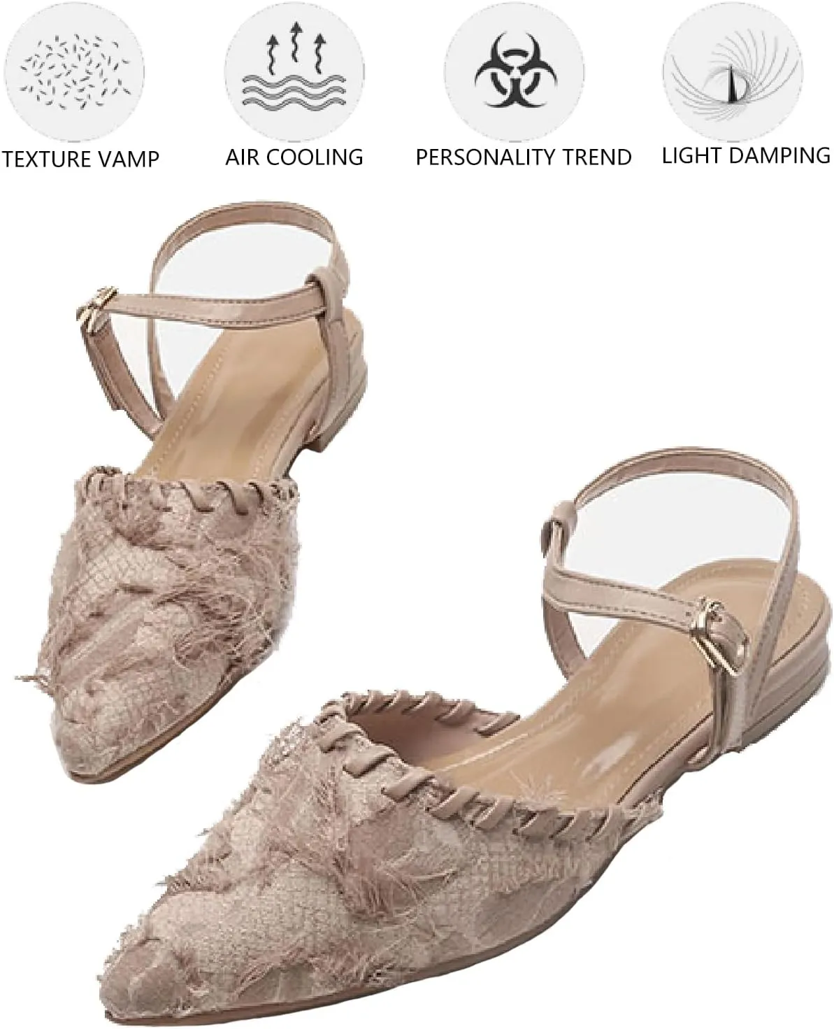 Women's Canvas Tassel Closed Pointed Toe Slingback Flats with Adjust Ankle Strap Fashion Weave Comfort Low Heel Mule Sandals for Wedding Party Dress Shoes