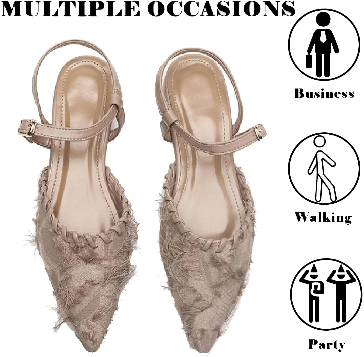 Women's Canvas Tassel Closed Pointed Toe Slingback Flats with Adjust Ankle Strap Fashion Weave Comfort Low Heel Mule Sandals for Wedding Party Dress Shoes