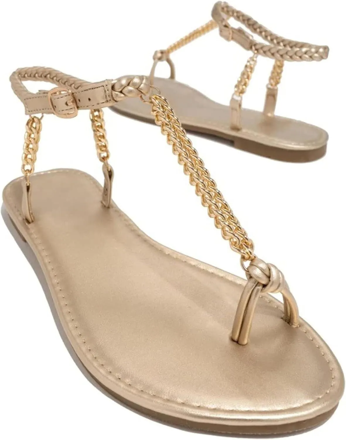 Women's Chain Leather Sandals Tassel Toe T-shaped Ankle Adjustable Hollow Beach Roman Style Flat Sandals