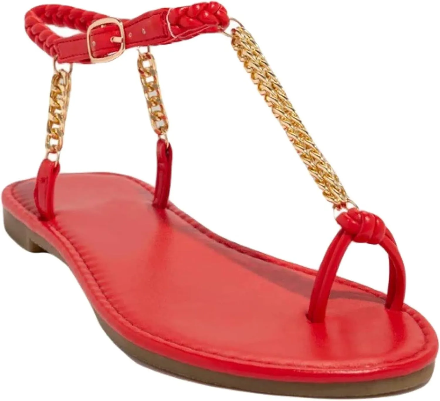 Women's Chain Leather Sandals Tassel Toe T-shaped Ankle Adjustable Hollow Beach Roman Style Flat Sandals