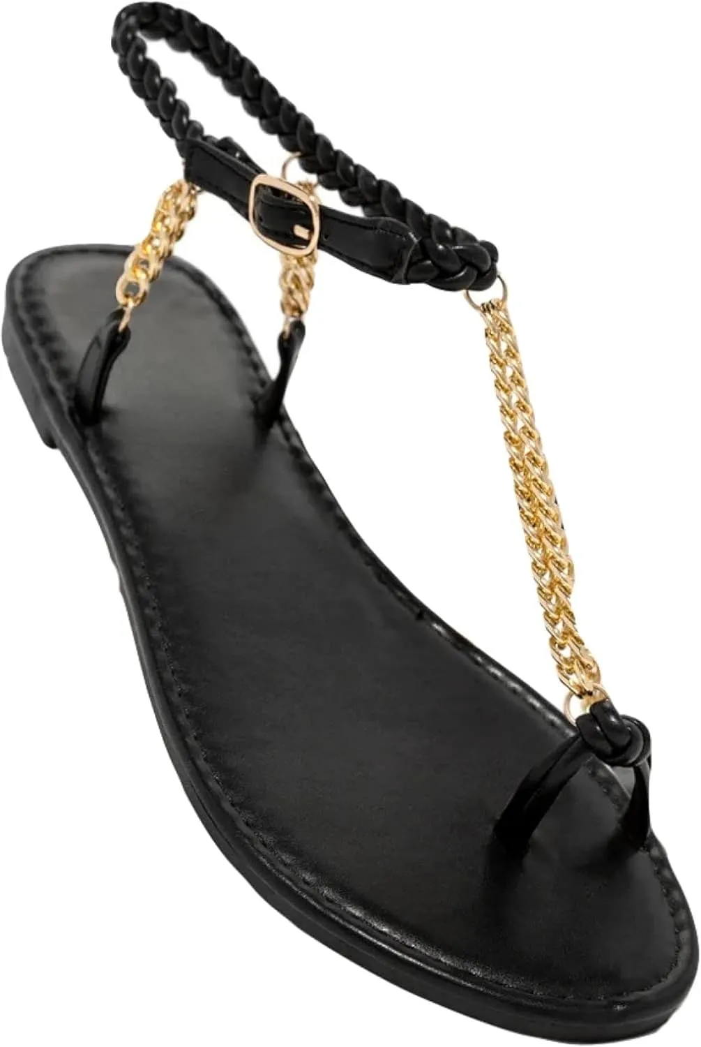 Women's Chain Leather Sandals Tassel Toe T-shaped Ankle Adjustable Hollow Beach Roman Style Flat Sandals