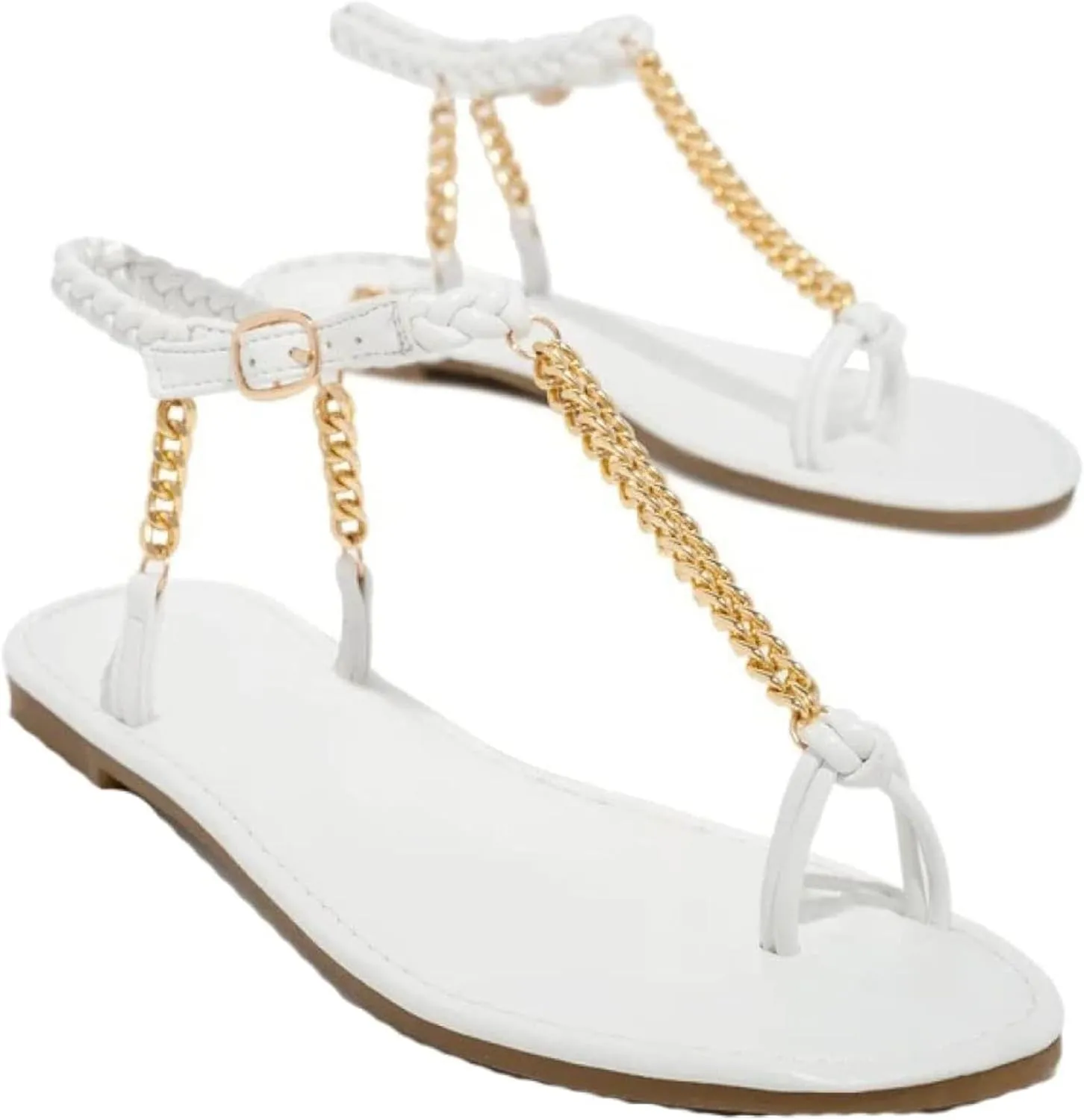 Women's Chain Leather Sandals Tassel Toe T-shaped Ankle Adjustable Hollow Beach Roman Style Flat Sandals