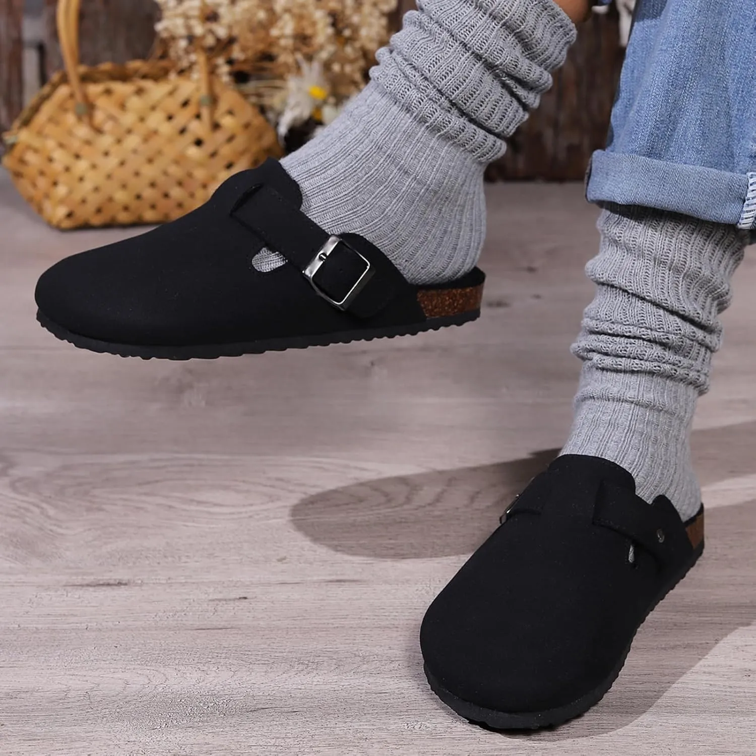 Women's Faux Suede Slip-On Clogs with Buckle Strap Faux Fur Lining Womens Slippers