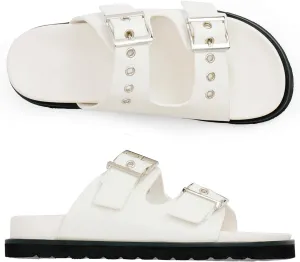 Womens Flat Slide Sandals Double Buckle Adjustable Flat Sandals Slip On Platform Sandals Open Toe Summer Sandals
