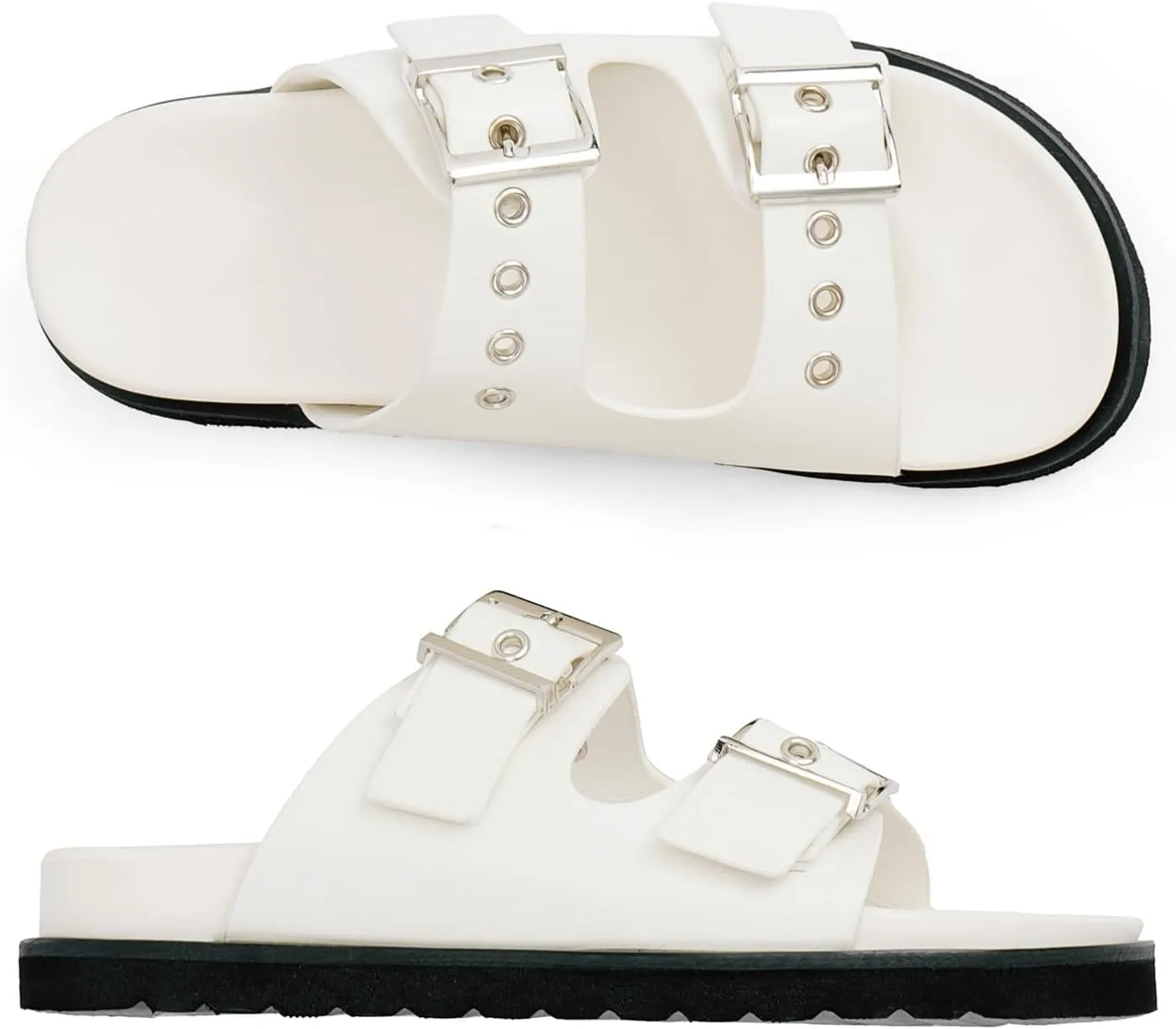 Womens Flat Slide Sandals Double Buckle Adjustable Flat Sandals Slip On Platform Sandals Open Toe Summer Sandals