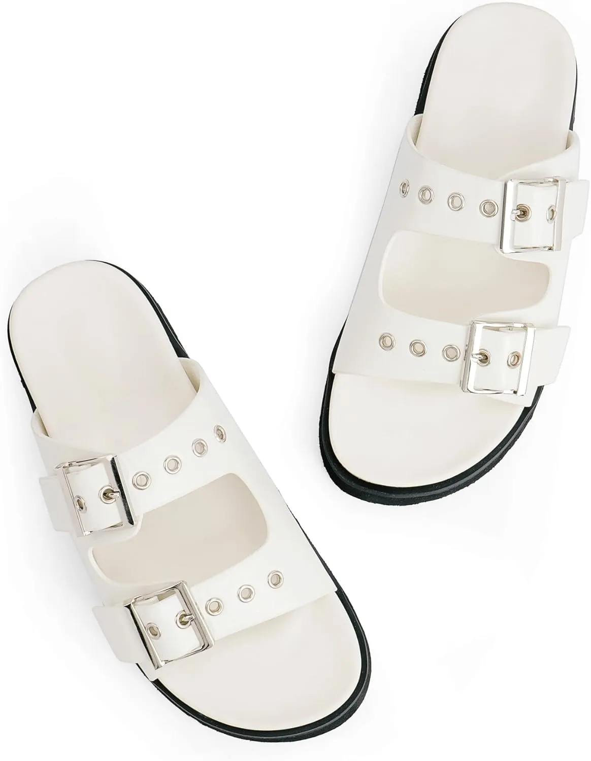 Womens Flat Slide Sandals Double Buckle Adjustable Flat Sandals Slip On Platform Sandals Open Toe Summer Sandals