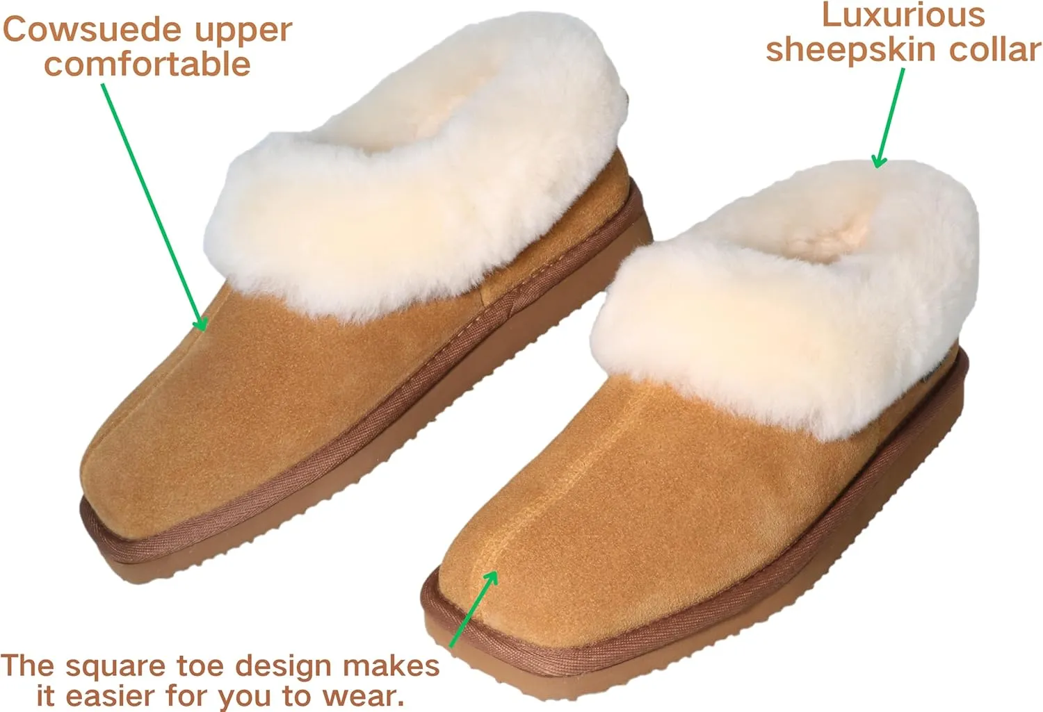 Women's Genuine Suede Uppers Square Toe Boot Slippers Ankel Booties with Sheepskin Collar Memory Foam Warm Comfy Fuzzy Shoes for Indoor Outdoor Winter