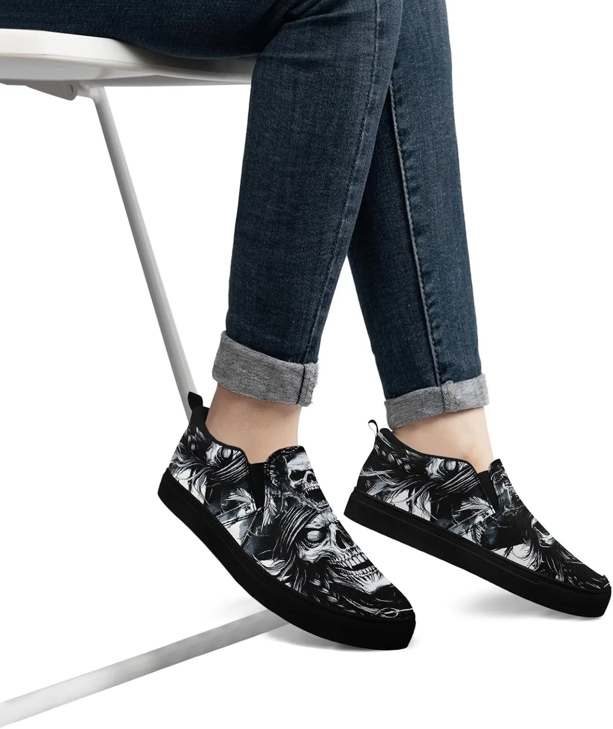Women's Gothic Skull Canvas Slip-On Flat Shoes Men's Low top Dark Art Rose Stylish Sneakers Comfort Fashion Streetwear