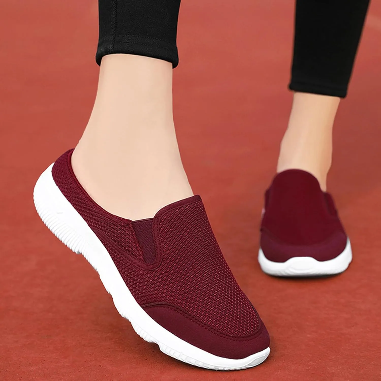 Women's Knitted Breathable Lightweight Slip-On Sports Mules Comfortable Non-Slip Backless Walking Shoes for Hiking House Traveling