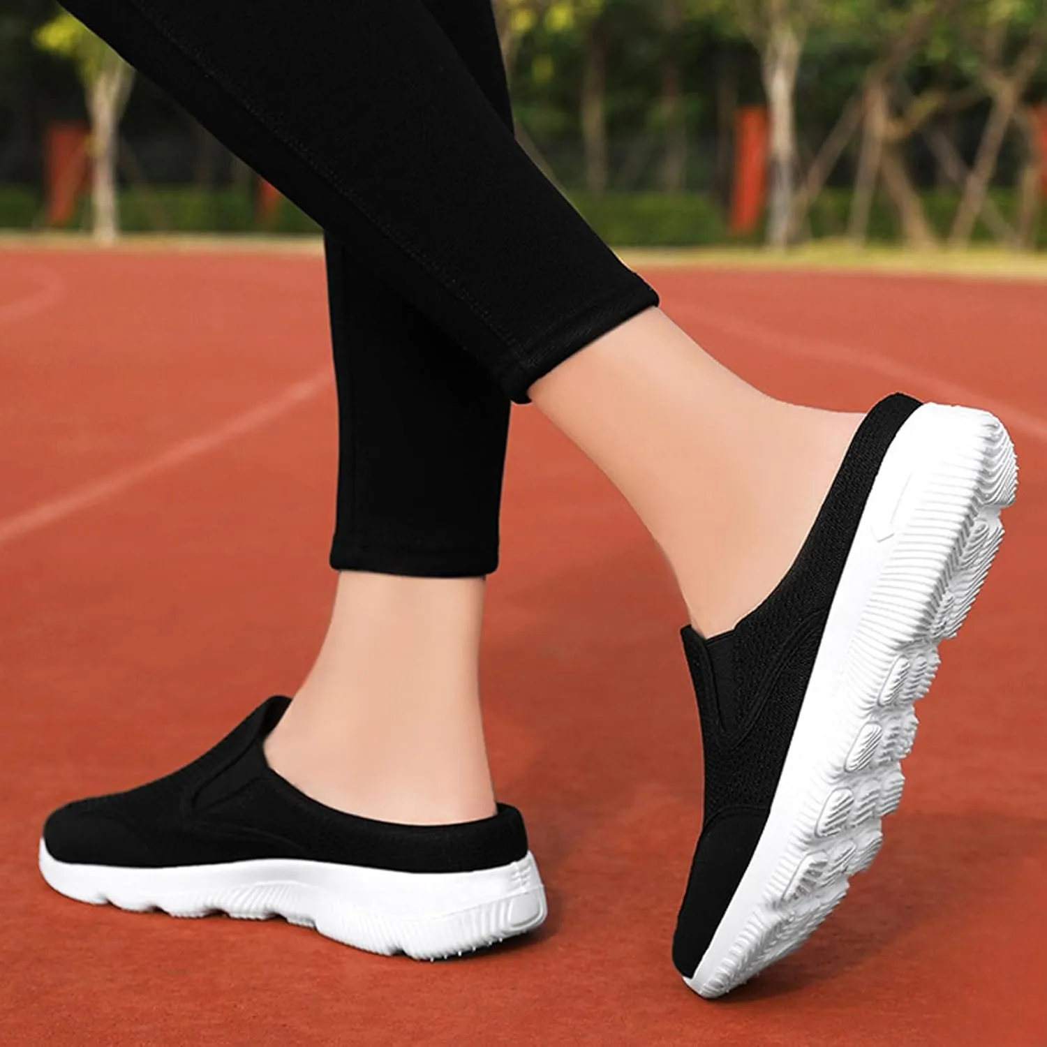 Women's Knitted Breathable Lightweight Slip-On Sports Mules Comfortable Non-Slip Backless Walking Shoes for Hiking House Traveling
