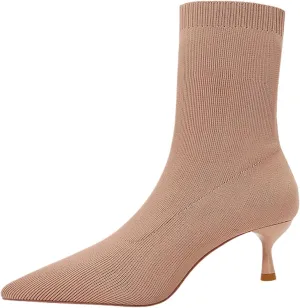 Women'S Knitted Stiletto Pull On Socks Boots Sexy Pointed Toe Breathable Low Heel Non-Slip Party Dating Casual Short Boots