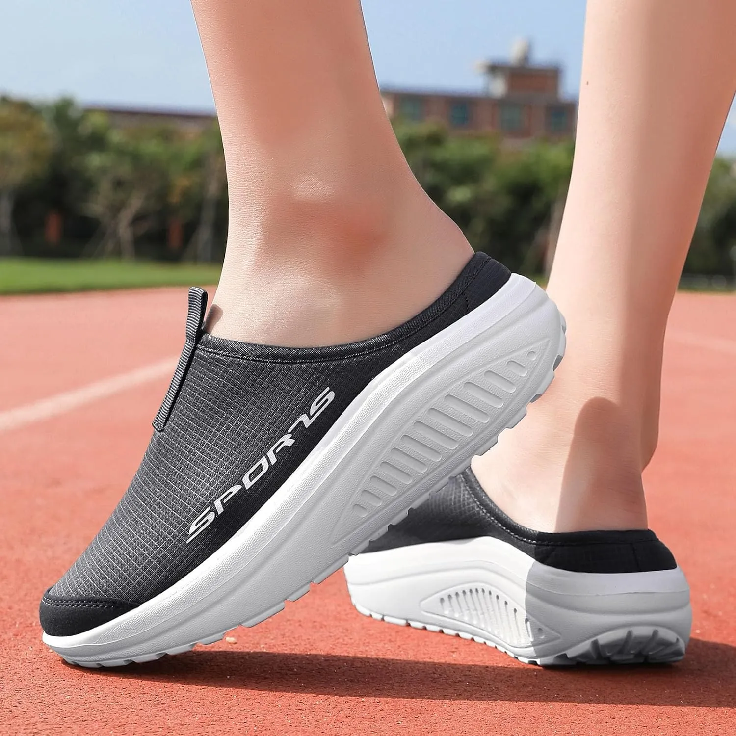 Women's Knitting Platform Slip-On Mule Walking Shoes with Arch-Support Comfort Round Toe Wedge Soft Sole Mesh Open Back Clog Rocking Shoes Lightweight Indoor Outdoor House Slippers