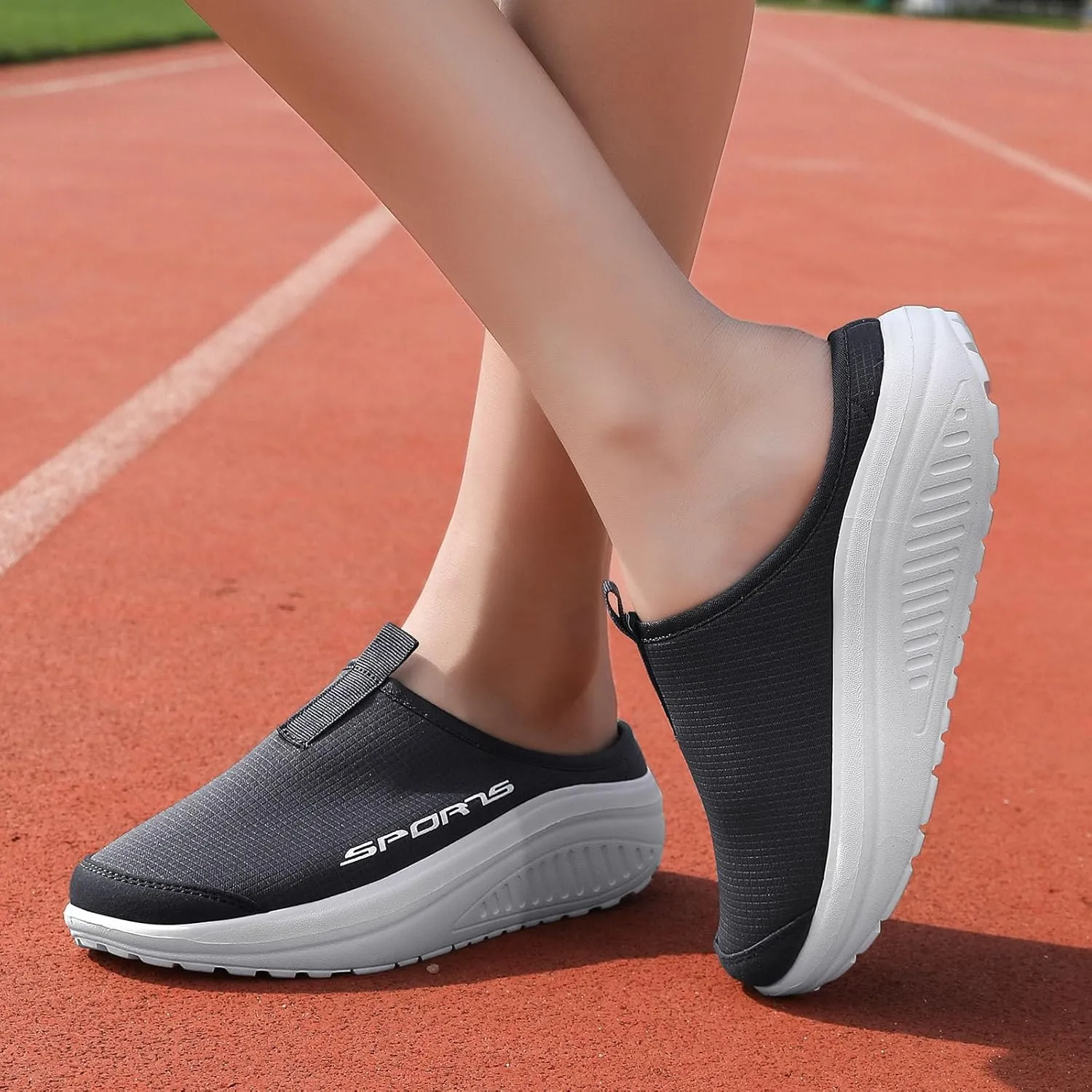 Women's Knitting Platform Slip-On Mule Walking Shoes with Arch-Support Comfort Round Toe Wedge Soft Sole Mesh Open Back Clog Rocking Shoes Lightweight Indoor Outdoor House Slippers