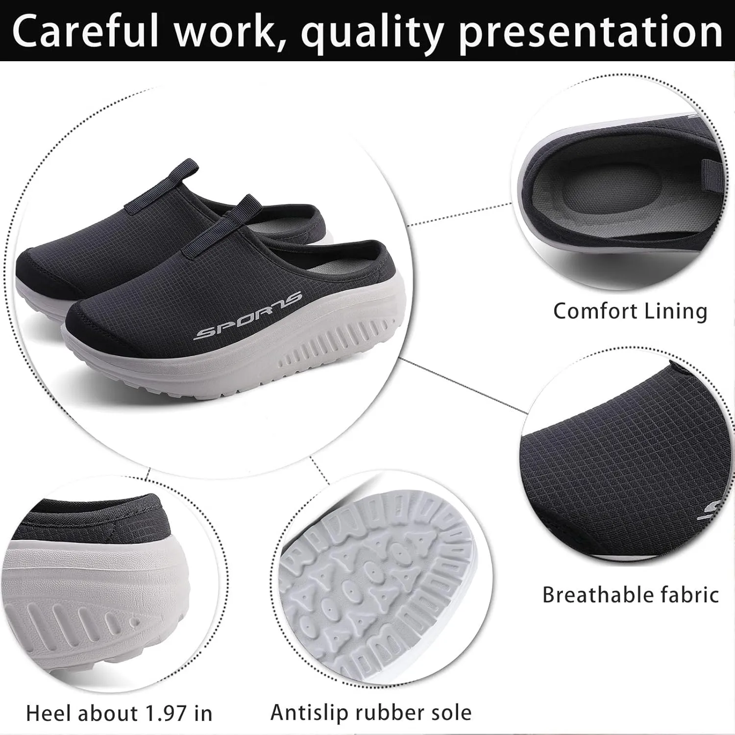 Women's Knitting Platform Slip-On Mule Walking Shoes with Arch-Support Comfort Round Toe Wedge Soft Sole Mesh Open Back Clog Rocking Shoes Lightweight Indoor Outdoor House Slippers