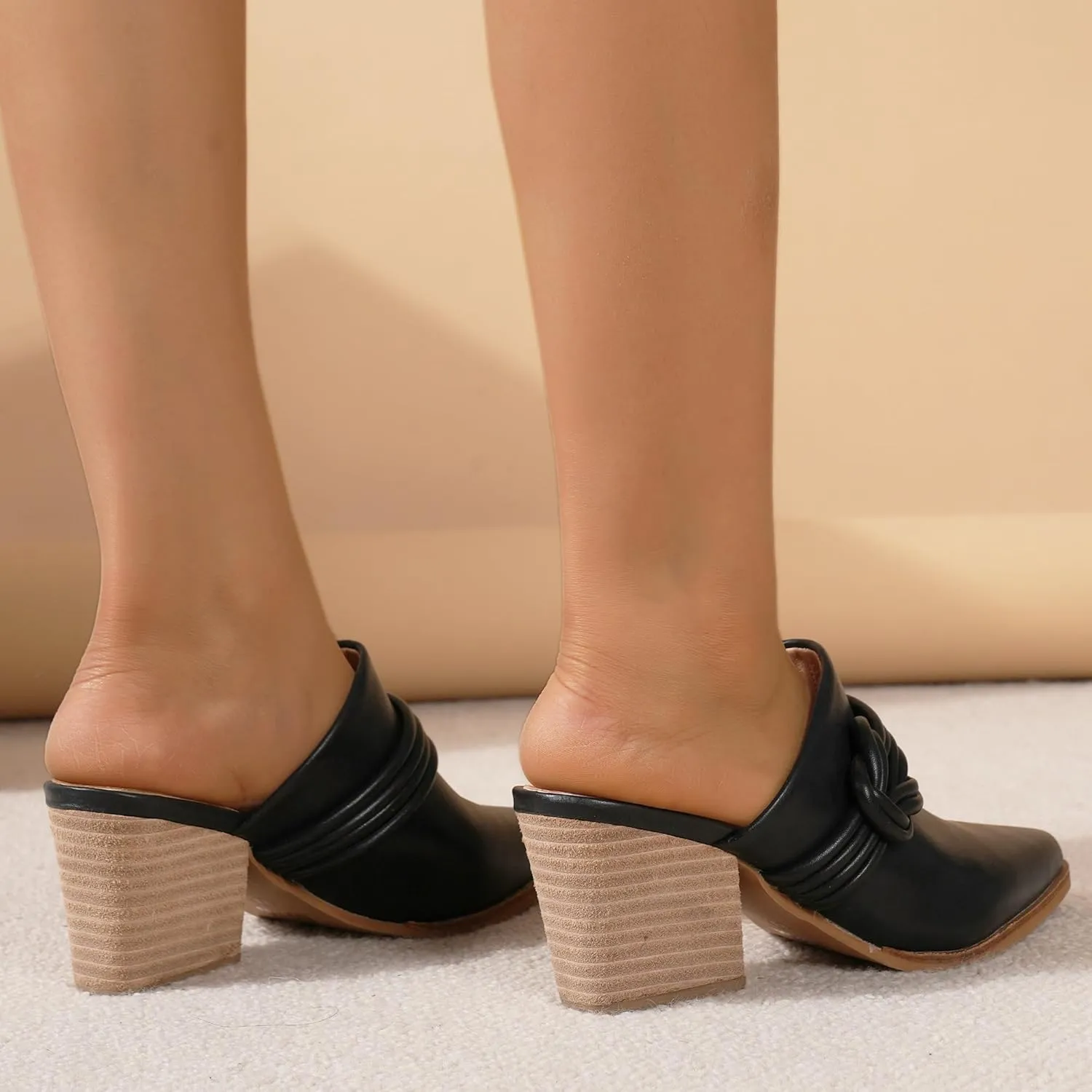Women's Knotted Mule Western Mule Stacked Block Heels Mules Comfort Pointed Toe Slip on Slides Loafer Shoes