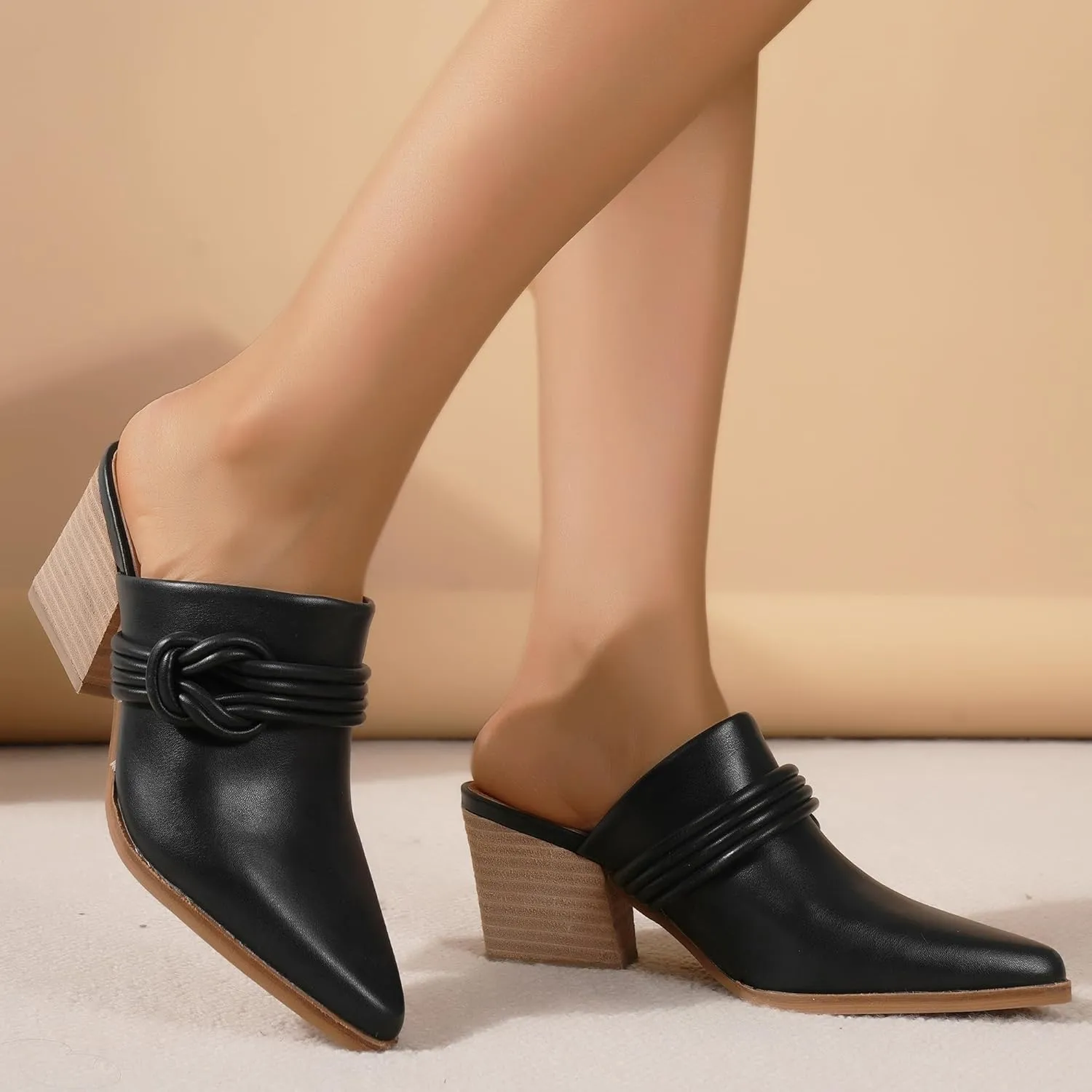 Women's Knotted Mule Western Mule Stacked Block Heels Mules Comfort Pointed Toe Slip on Slides Loafer Shoes
