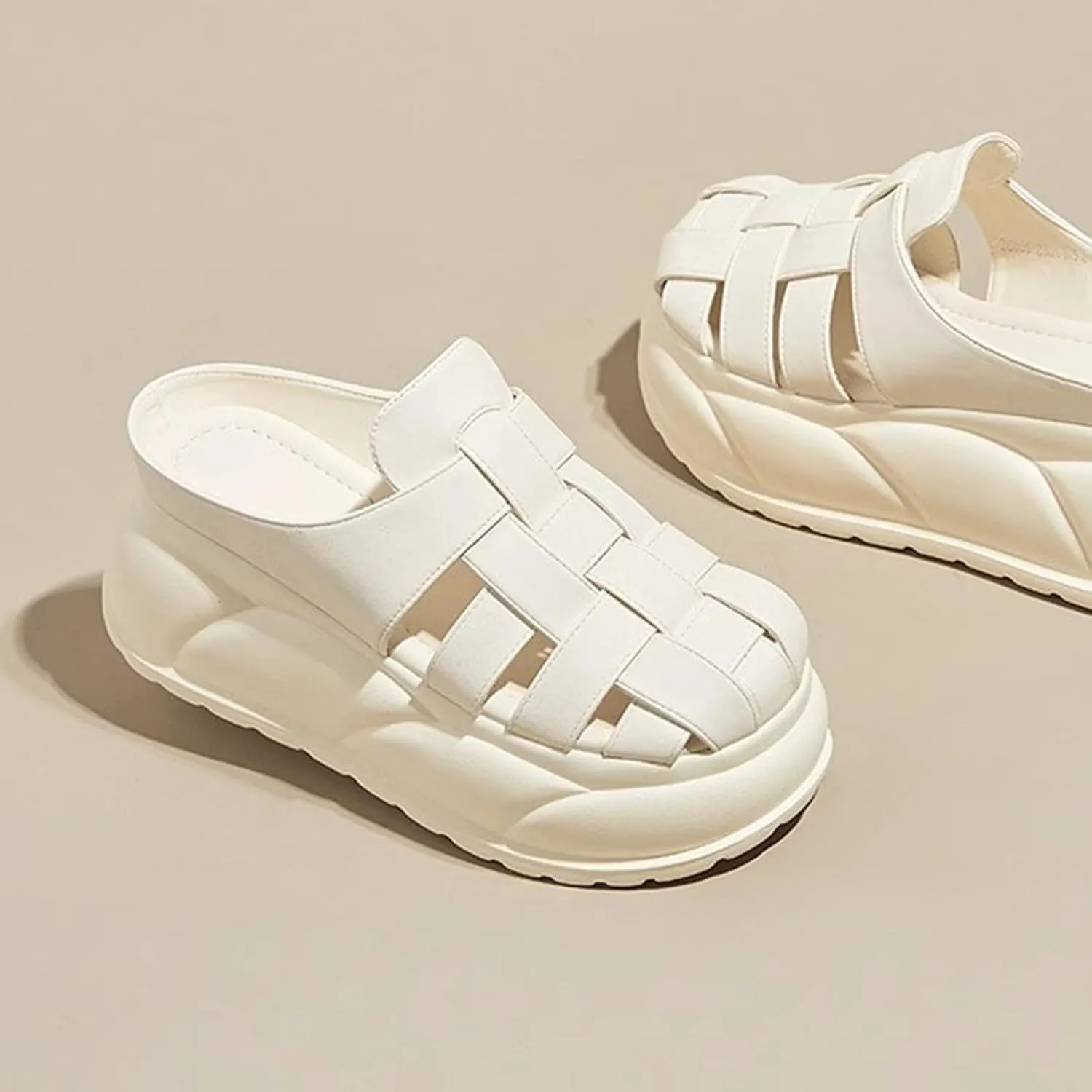 Women's Leather Braided Platform Heightened Mule Sandals Comfortable Closed Wide Toe Cloud Chunky Platform Non-Slip Half Slingback Dress Slippers Casual Summer Mule Clogs