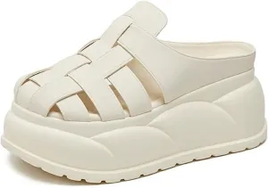 Women's Leather Braided Platform Heightened Mule Sandals Comfortable Closed Wide Toe Cloud Chunky Platform Non-Slip Half Slingback Dress Slippers Casual Summer Mule Clogs