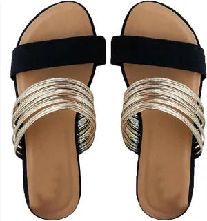 Women's Metallic Strappy Flat Sandals Summer Slide Sandals Casual Shoes