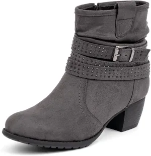Women's Mid Calf Boots,Round Toe Comfort Low Heel Slouchy Dress zip booties with Jeweled strap