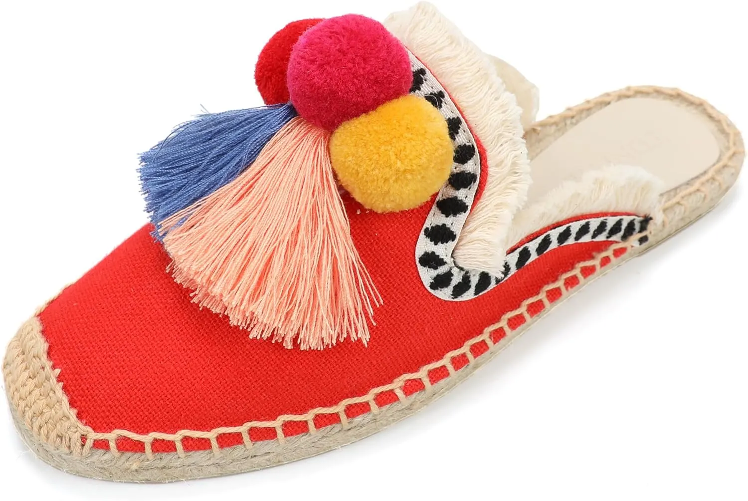 Women's Mule Flat Shoes with Tassel & Pompom, Espadrilles Slides Backless Slipper Slip on Shoes