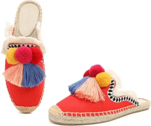 Women's Mule Flat Shoes with Tassel & Pompom, Espadrilles Slides Backless Slipper Slip on Shoes