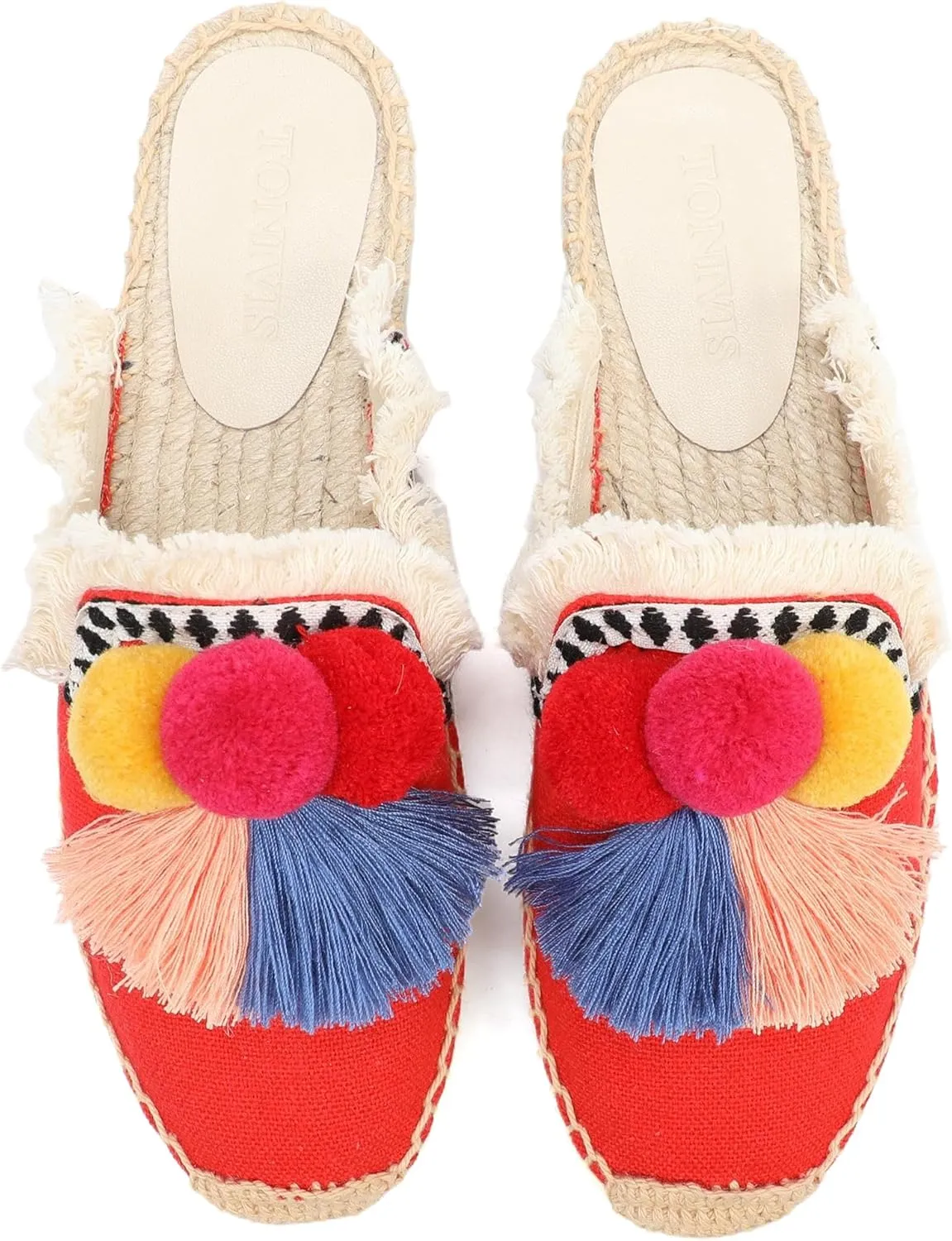 Women's Mule Flat Shoes with Tassel & Pompom, Espadrilles Slides Backless Slipper Slip on Shoes