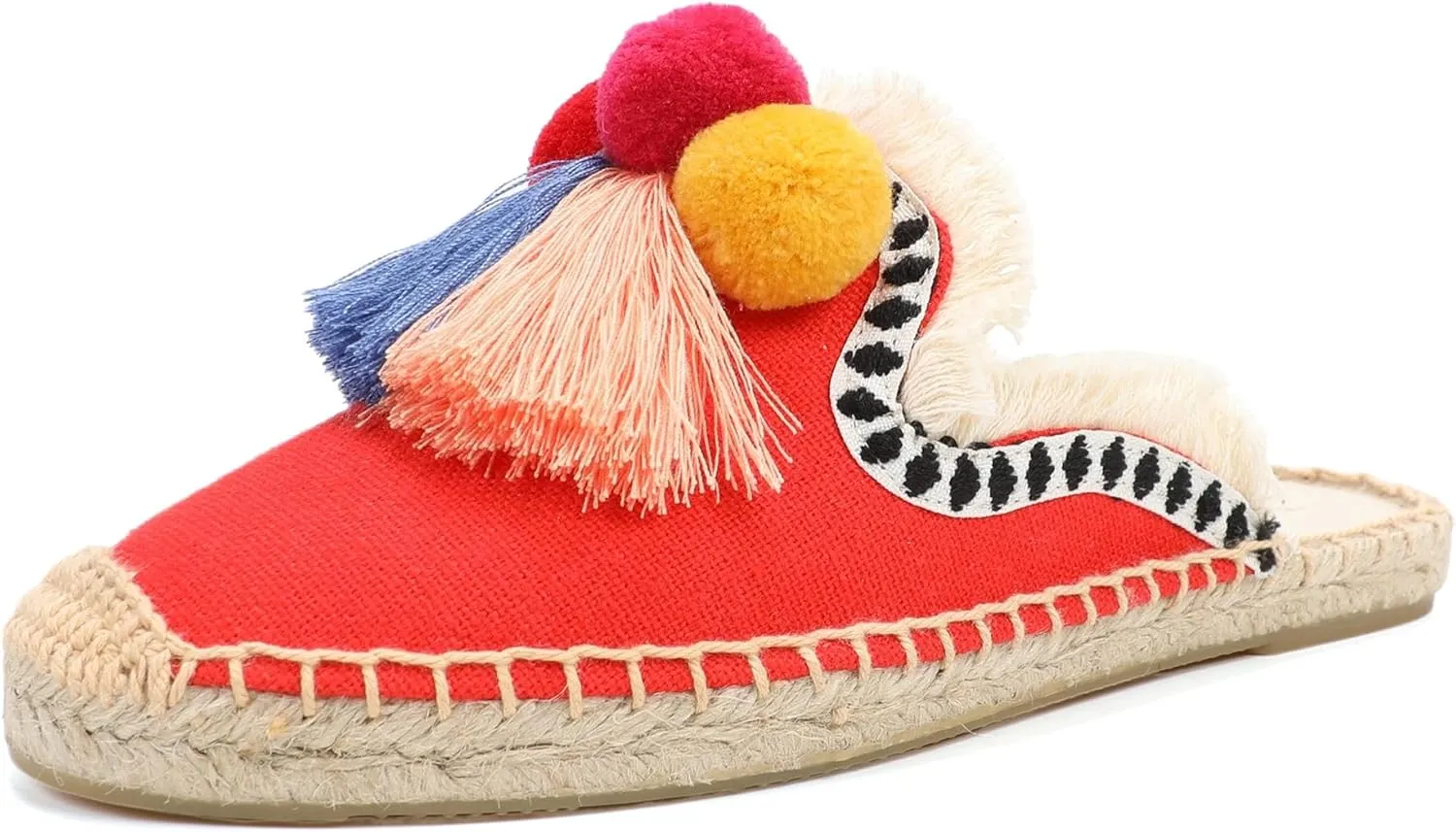 Women's Mule Flat Shoes with Tassel & Pompom, Espadrilles Slides Backless Slipper Slip on Shoes
